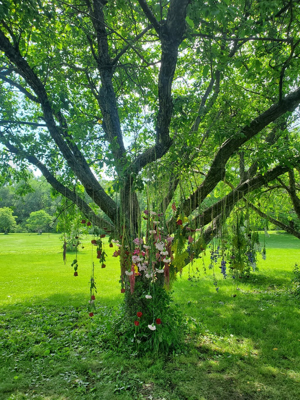 A tree in early June has flowers hung from its branches as if they are raining. Installation created by District 2 Floral Studio.