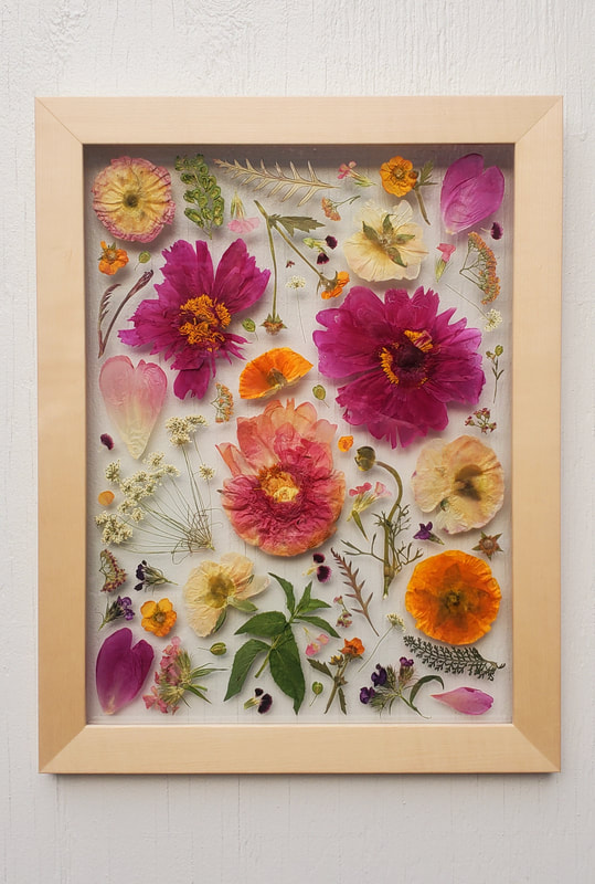 Pink pressed flower preservation piece by District 2 Floral Studio in a custom poplar frame with maple veneer.