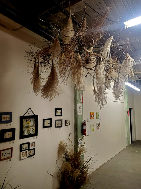 Side view of a gallery with framed pressed flowers and locally grown Nebraska grass arrangements framing the installation by District 2 Floral Studio.