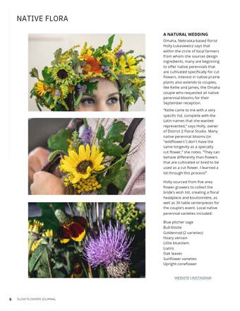 Page from the 2024 Slow Flowers Society Floral Insights and Industry Insights showing Nebraska native perennials incorporated into wedding crown and boutonniere by District 2 Floral Studio.