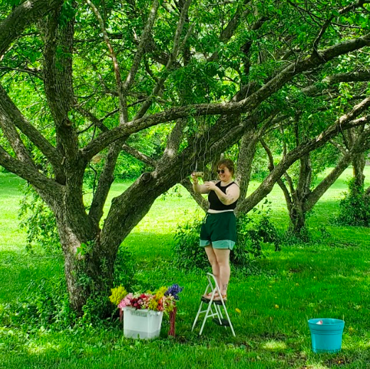 Buckets of flowers are under a tree in a park in early June while someone stands on a step stool hanging flowers from the tree branches. 