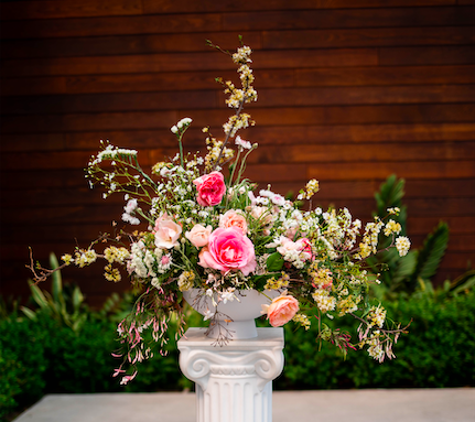 Pink and white flower arrangement by District 2 Floral Studio created with locally grown flowers.